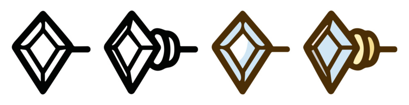 Diamond stud earrings vector icon set with outline and colored jewelry styles on transparent background