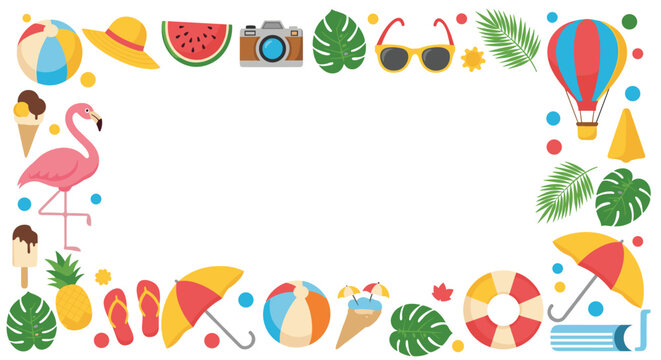 Summer holiday themed border frame composed of colorful icons like beach balls flamingos ice cream sunglasses and tropical leaves.