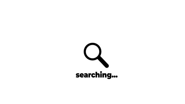 A white magnifying glass icon appears centered on a black screen with searching written below it to denote an active information scan