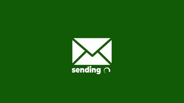 A white background icon showing an envelope with a sending status label and loading indicator representing an email being sent or a message currently in the process of transmitting