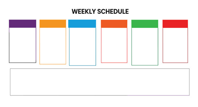 Simple weekly schedule template with six colorful columns for planning daily activities and a large notes area at the bottom.
