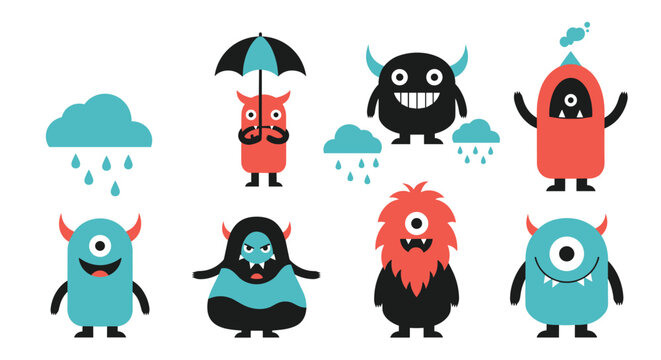 Fun collection of colorful cartoon monsters with various expressions and features like horns and single eyes, some with rain clouds.