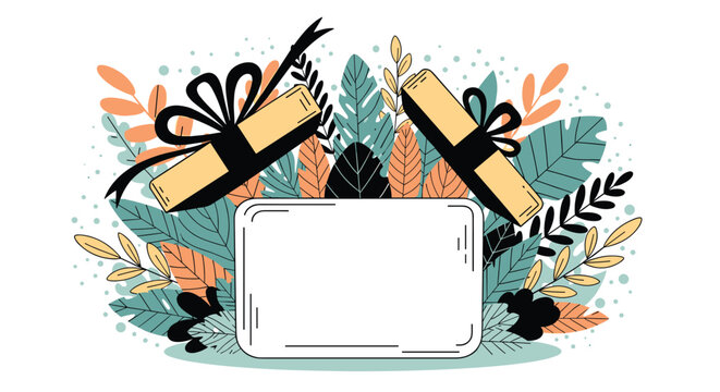 Open gift box with a blank card inside surrounded by colorful tropical leaves and decorative dots on a white background.