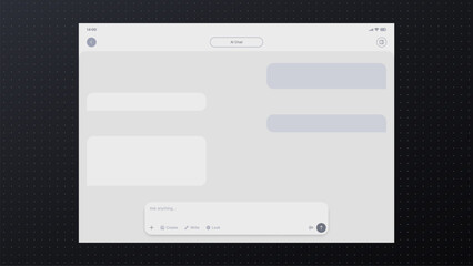 Plakat Ai chat interface on modern tablet screen. Digital mobile application layout for artificial intelligence interaction. Messenger window with text input field and communication bubble design.