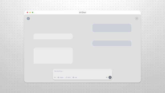 Artificial intelligence chat interface window on screen. Minimalist software UI design for digital communication. Clean mockup for mobile application or website development concept.