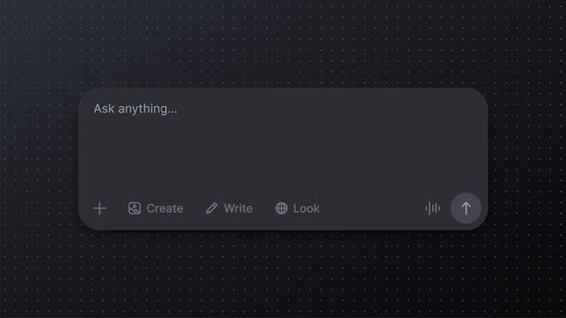 Artificial intelligence prompt interface with chat input field. Digital assistant chatbot UI design with creative writing and search tools. Software development modern dark mode layout.