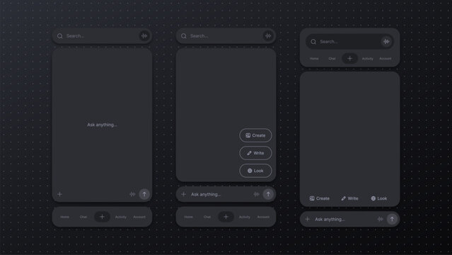 Dark mode AI chat interface mobile screen layout. Minimalist user experience design with voice input, search bar and functional icons. Modern software application prototype concept.