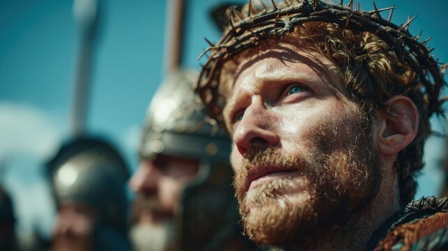 Man wearing a crown of thorns looks upward with a somber expression among armored soldiers.