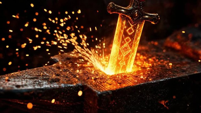 Glowing Magical Sword Forging Process on Blacksmith Anvil with Sparks