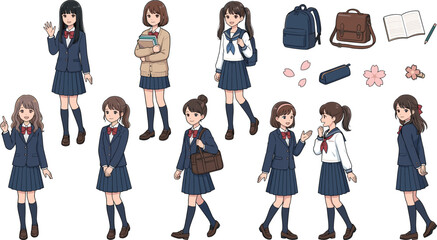 Obraz premium Anime Schoolgirl Character Set with Uniforms Backpacks Books Bags Cherry Blossoms and Cute Student Poses Illustration Collection