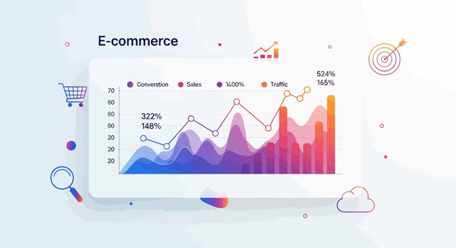 E-commerce business graph, colorful analytics chart, sales data visualization, vector infographic elements