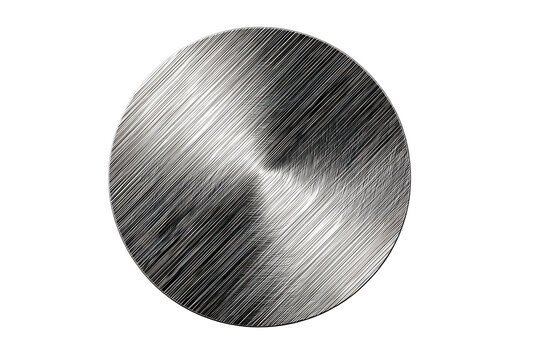 Textured oval shape with abstract scratch marks isolated on transparent background. A circular piece of brushed metal with a detailed silver texture isolated on white background.