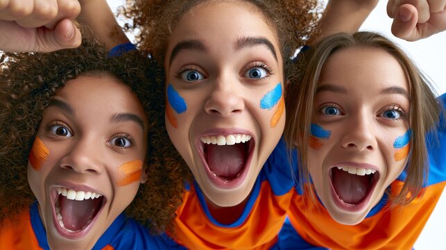 Drei junge Frauen in orangefarbenen Trikots mit blauen Wangenfarben jubeln begeistert als Sportfans.