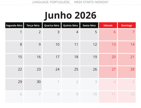 June 2026 Portuguese monthly calendar pages &ndash; Junho. Vector illustration Portugal