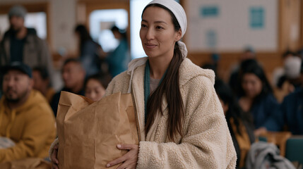 Naklejka premium Food-as-medicine community health worker distributes seasonal produce prescription bags to a crowded public space clinic waiting room, patients scanning QR codes linked to personalized recipe databa