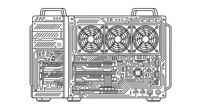 Detailed black and white vector illustration of a high performance gaming computer tower showcasing internal cooling fans and complex motherboard circuitry for modern digital technology projects