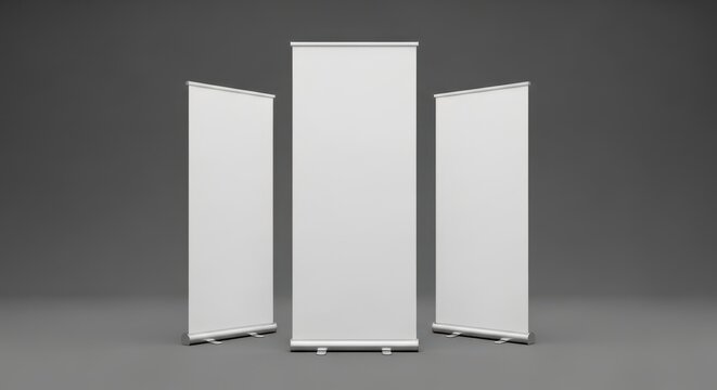 Three blank roll up banners standing on a dark gray floor against a dark gray background