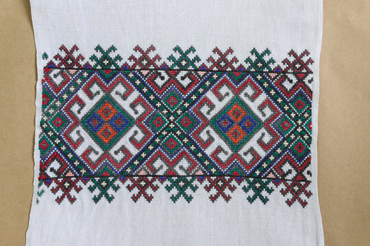 National ornament on Ukrainian embroidery. Ornamentation of old Ukrainian shirts, towels, tablecloths, embroidery and placement of patterns. Decor circa 1900.
