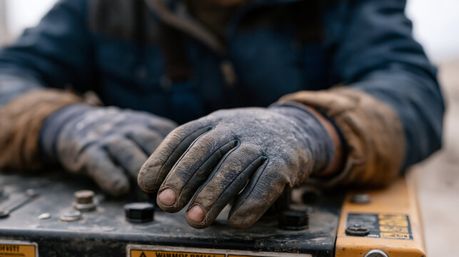 Close up hands calibrating automated compost turner machine gearbox, grease-stained work gloves partially removed, heavy industrial setting, safety warning labels on equipment housing, shallow focus