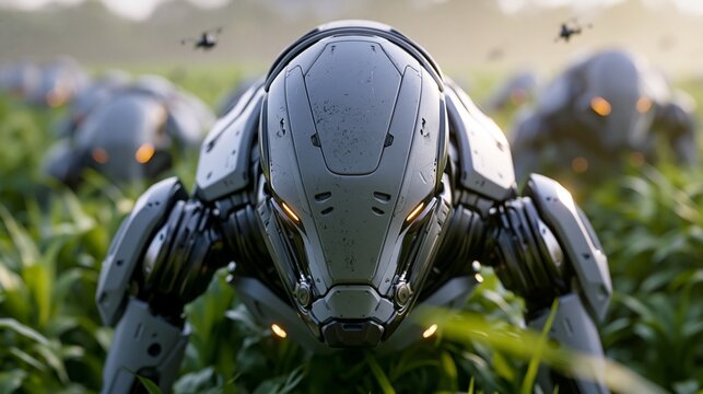 Mehrere humanoide Roboter arbeiten zwischen gr&uuml;nen Pflanzen auf einem Feld, w&auml;hrend Drohnen &uuml;ber ihnen fliegen.