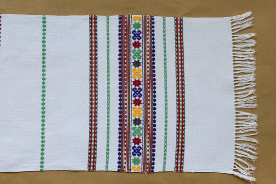 National ornament on Ukrainian embroidery. Ornamentation of old Ukrainian shirts, towels, tablecloths, embroidery and placement of patterns. Decor circa 1900.