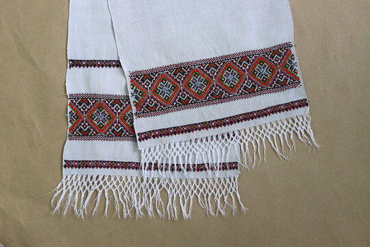 National ornament on Ukrainian embroidery. Ornamentation of old Ukrainian shirts, towels, tablecloths, embroidery and placement of patterns. Decor circa 1900.