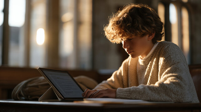 AI homework help chat interface on a student tablet propped against a backpack, a middle schooler typing a math question at a library carrel, warm afternoon light filtering through tall reading room
