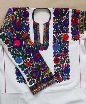 National ornament on Ukrainian embroidery. Ornamentation of old Ukrainian shirts, towels, tablecloths, embroidery and placement of patterns. Decor circa 1900.