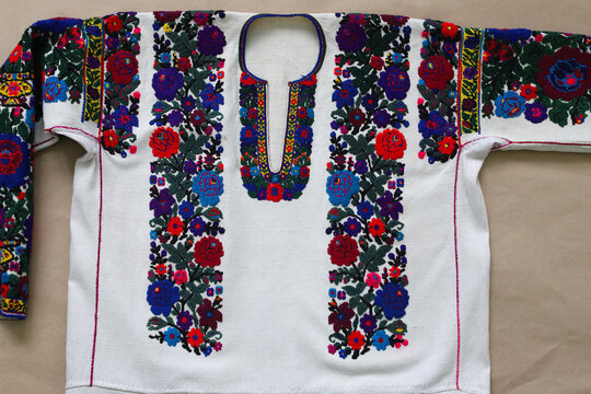 National ornament on Ukrainian embroidery. Ornamentation of old Ukrainian shirts, towels, tablecloths, embroidery and placement of patterns. Decor circa 1900.