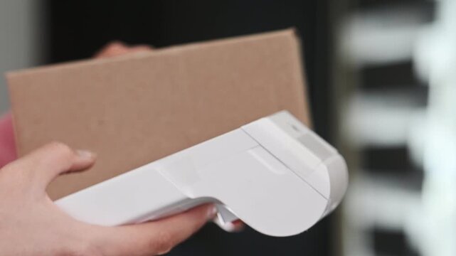 Woman paying with card for parcel delivery for courier. Electronic cashless payments. Online shopping. A woman enters a PIN code on a wireless payment terminal. nfc payment