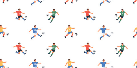 Seamless sports pattern with active football players kicking soccer balls on a white background.  © Victoriya