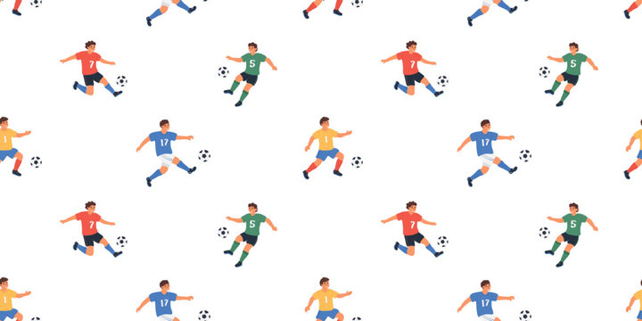 Seamless sports pattern with active football players kicking soccer balls on a white background.
