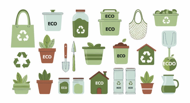 Eco friendly products and symbols for sustainability and recycling.