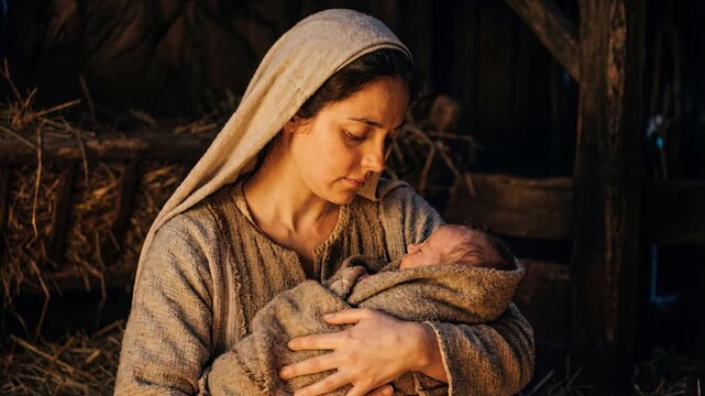 Sacred nativity scene of Virgin Mary cradling infant Jesus Christ in a humble wooden stable with soft golden light highlighting their peaceful connection and the religious significance of Christmas ni