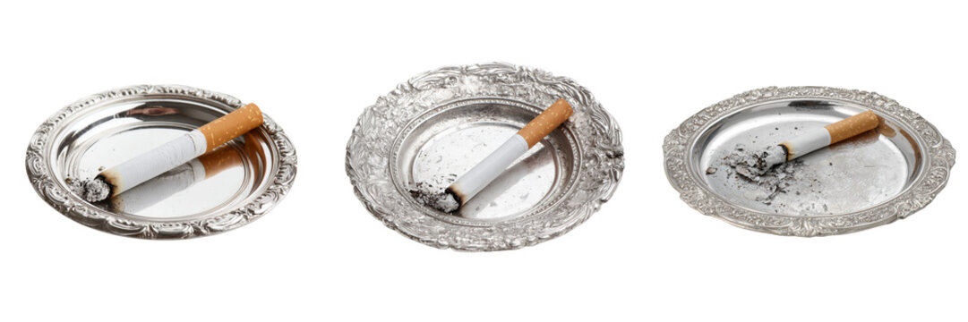 Set of Elegant ashtray with smoldering cigarette Premium on transparent png background. Ai generated