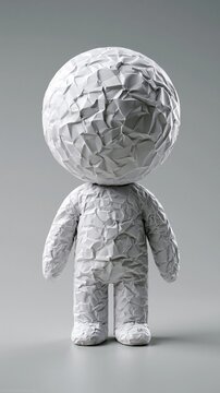 Eine wei&szlig;e, zerknitterte Papierfigur in Menschenform steht aufrecht vor grauem Hintergrund.