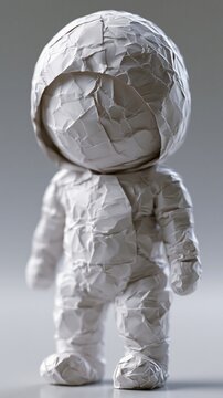 Eine aus Papierfetzen zusammengesetzte humanoide Figur steht aufrecht vor grauem Hintergrund.
