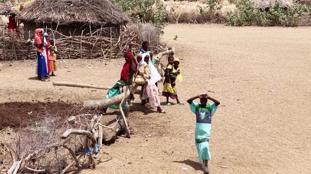 Drone view of village women talking in rural settlement, April 25, 2026, Chad, N Djamena