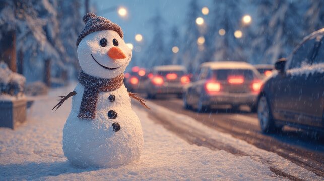 A charming snowman with a hat and scarf smiles by a snowy road with cars. Christmas lights and trees create a festive, wintery scene