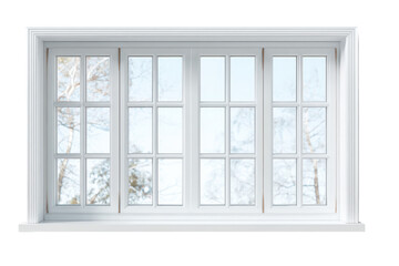 Obraz premium Classic white casement window with multiple panes isolated on transparent background. A close-up view of a new white window with multiple panes isolated on white background.