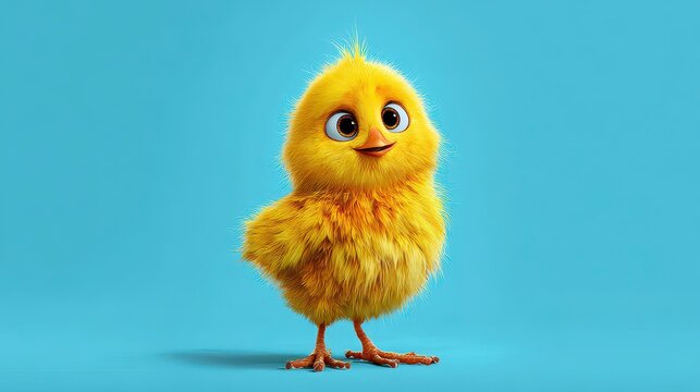 A fluffy, vibrant yellow chick stands with a slight smile against a bright blue backdrop, showcasing its adorable and playful nature