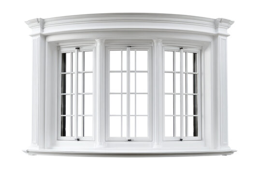 Ornate white bay window with panes isolated on transparent background. Elegant white bay window with detailed molding and three panels isolated on white background.