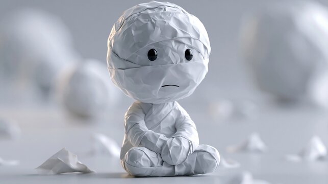 Eine kleine traurig wirkende Figur aus zerkn&uuml;lltem Papier sitzt zusammengekauert auf wei&szlig;em Untergrund umgeben von Papierresten.