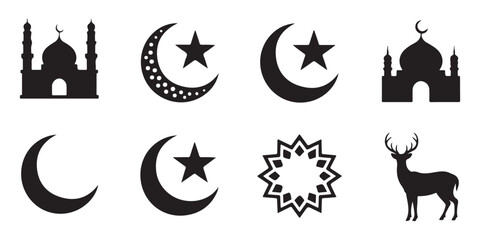 Fototapeta premium Islamic ramadan icons set with black silhouettes of mosque crescent star and deer on white background vector.
