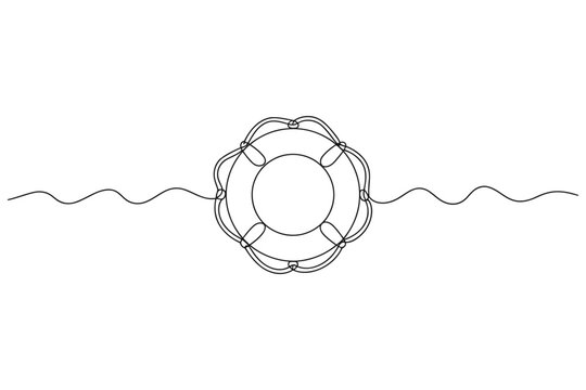 Circular life ring floating on wavy water vector illustration life preserver coast guard line art white background lifebuoy survival swimming drowning accident assistance equipment
