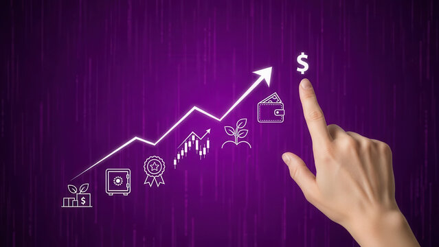 A hand pointing at a white rising arrow graph with financial including a dollar sign, wallet, plant, and safe on a purple background