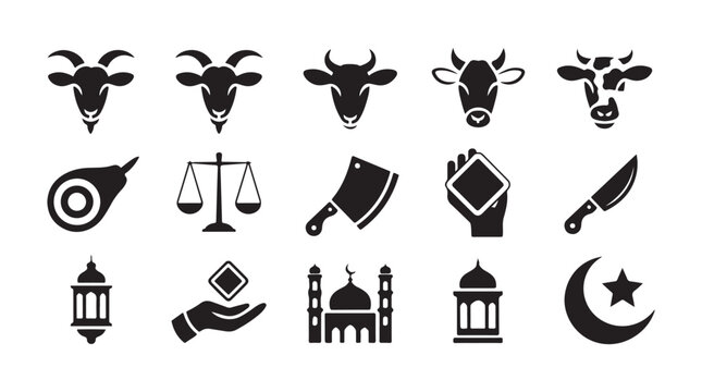 Eid al adha qurban sacrifice flat icon set featuring goat cow and sheep heads with meat butcher tools and moon.