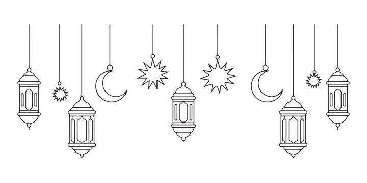 Ramadan kareem hanging lantern and star outline icons in horizontal border style for islamic holiday design.