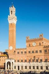 Fototapeta premium Siena view of medieval town, famous bell tower 'Torre del Mangia' on the Piazza del Campo di Siena, Tuscany, Italy