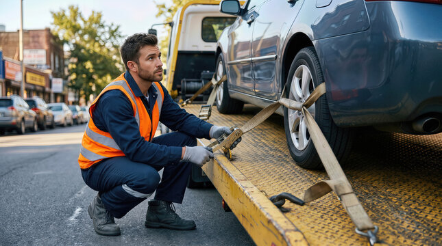 Male tow truck operator in safety vest securing vehicle with straps on flatbed truck in urban street setting with parked cars and buildings in background